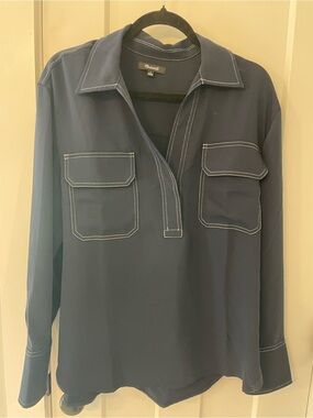 Madewell Navy Blouse with White Contrast Stitching
